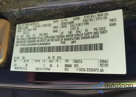 2015 Ford Escape Se from USA, damaged, VIN 1FMCU9G94FUA82404